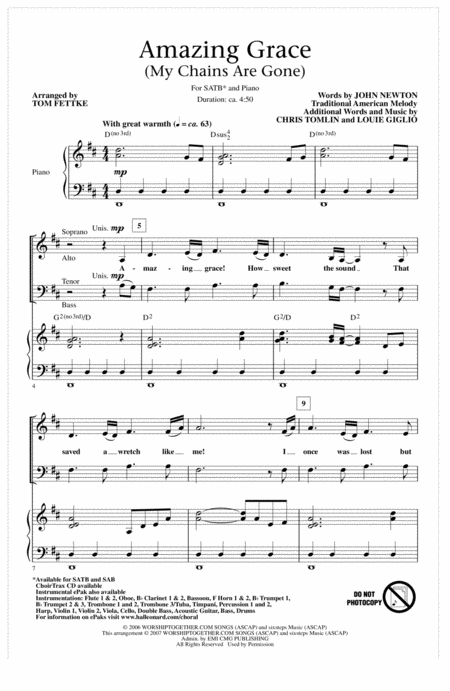 Amazing grace my chains are gone sheet music free download